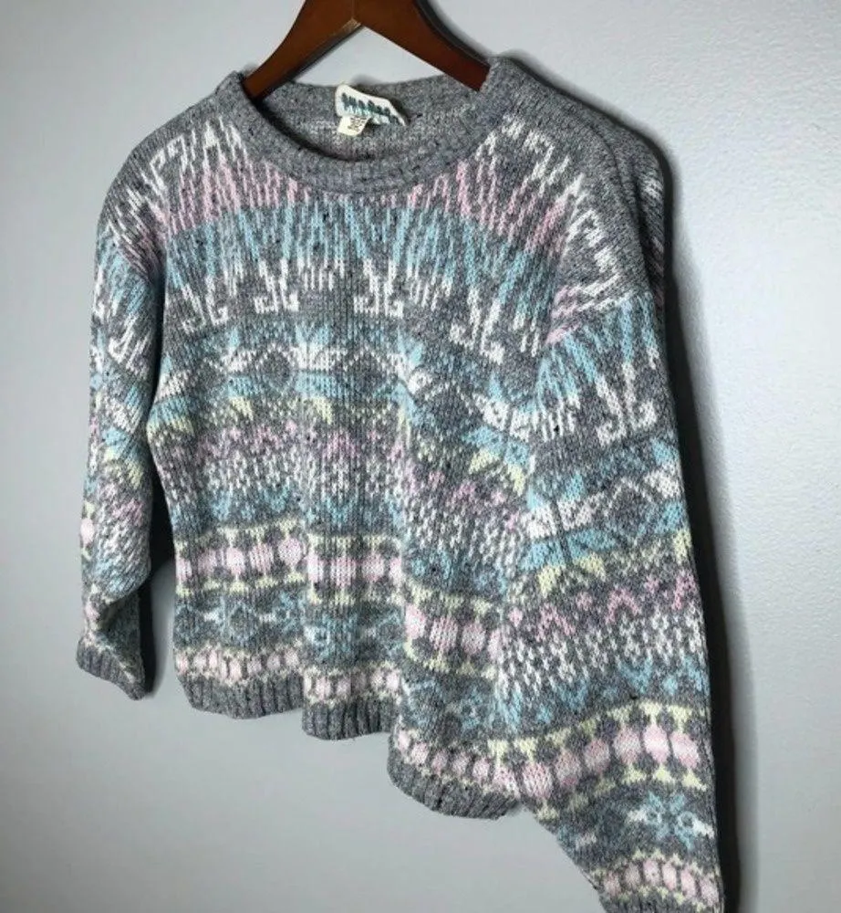 Vintage fair isle gray scoop neck nordic thick neutrals pullover lodge medium - Image 2