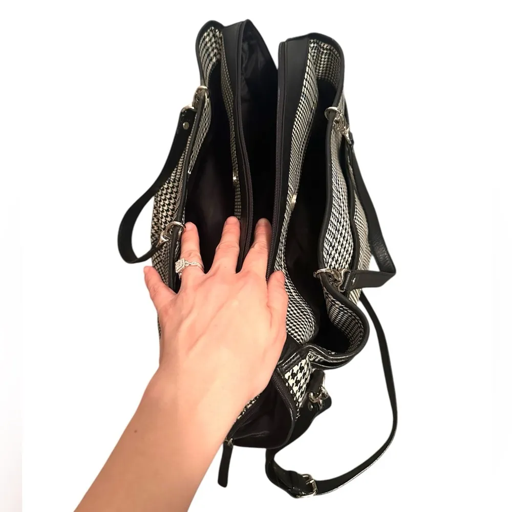 RALPH LAUREN EXTRA LARGE BLACK WHITE BLUE PLAID HOUNDSTOOTH TOTE BAG PURSE - Image 6