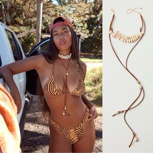 Free People Katie Leather Shell Choker NWT Layered Necklace Beach Bohemian Surf - Image 2