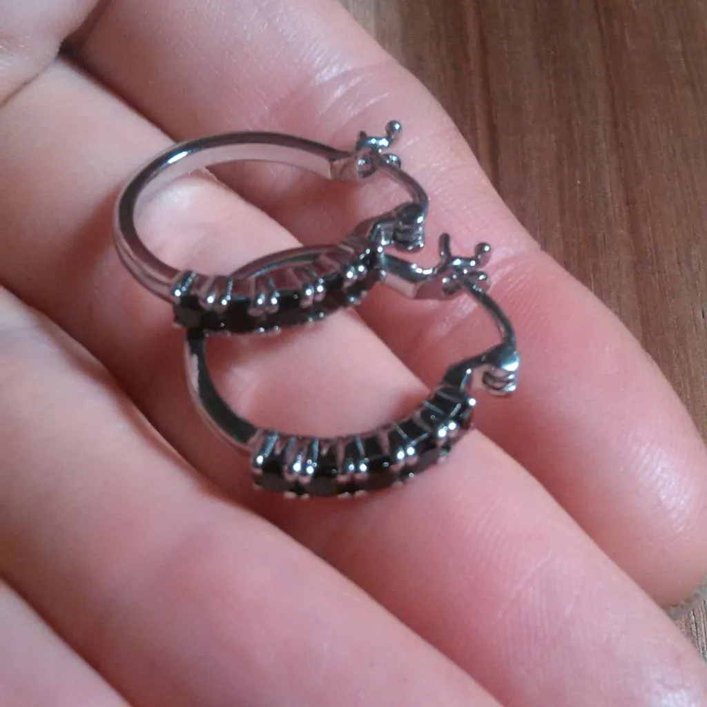 Thai Black Spinel Stainless Steel Hoop Earrings - Image 7