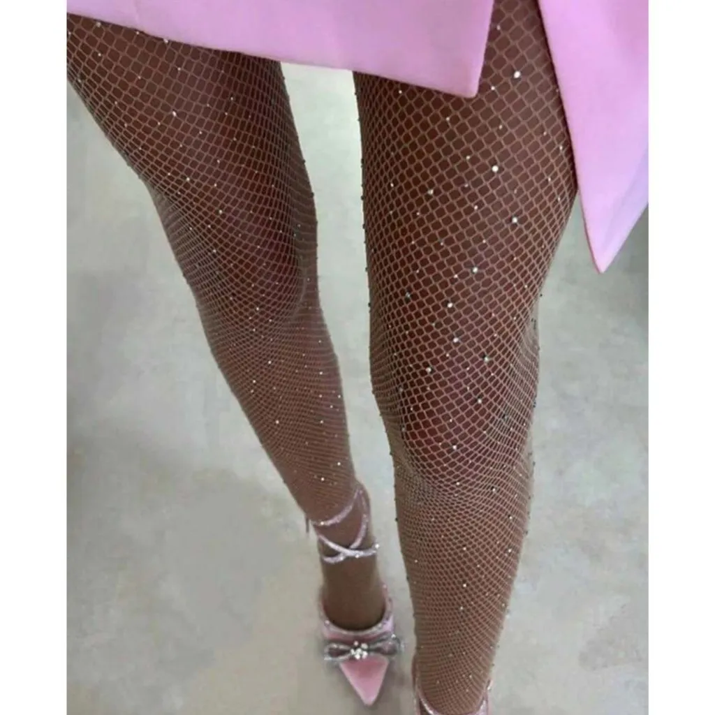 SPARKLING Nude Rhinestone Fishnet Showgirl Stockings Tights One Size NEW - Image 2