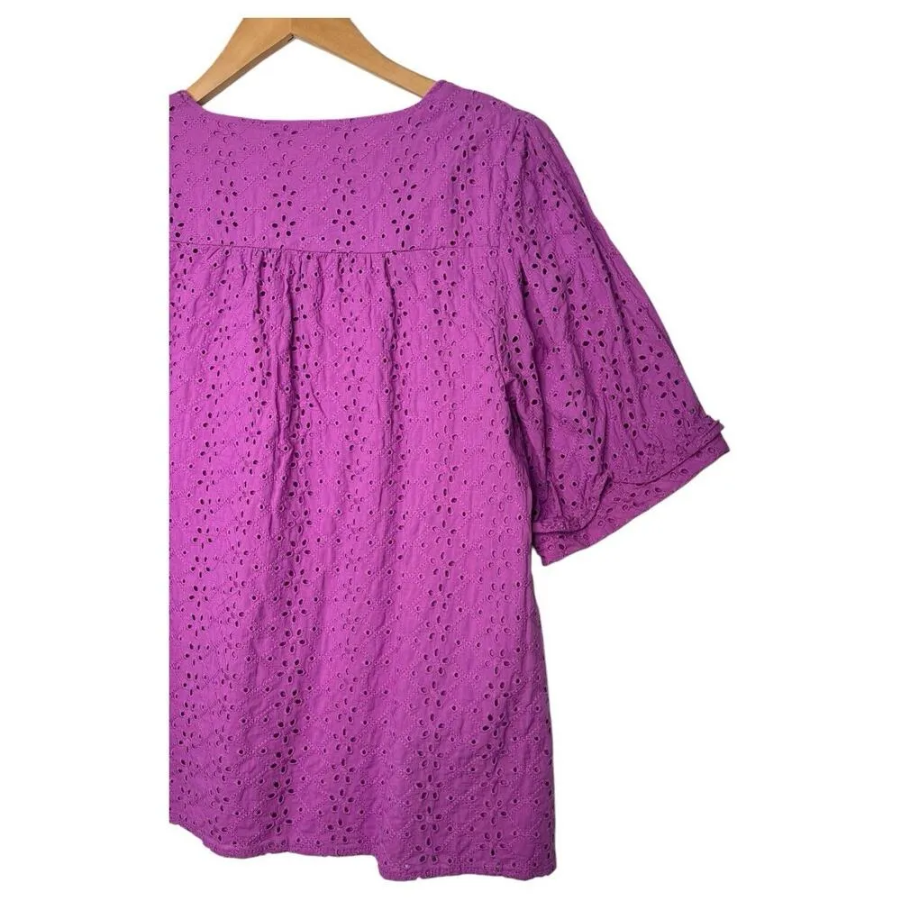 Draper James Top Womens L Eyelet V Neck Short Bubble Sleeve Embroidered Purple - Image 3