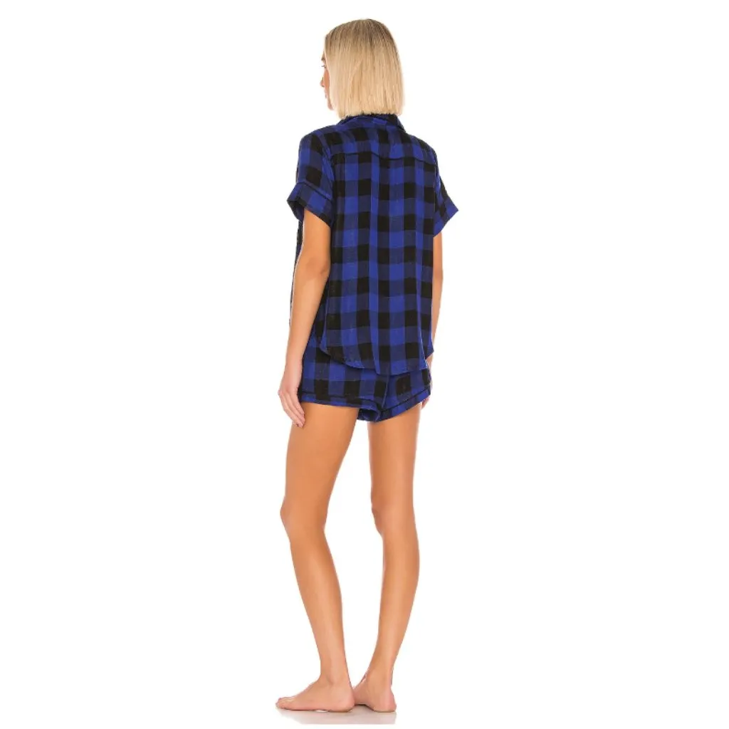 Revolve Plush Pajama Shorts Set M Ultra Soft Plaid Blue Black Lounge Comfy - Image 7