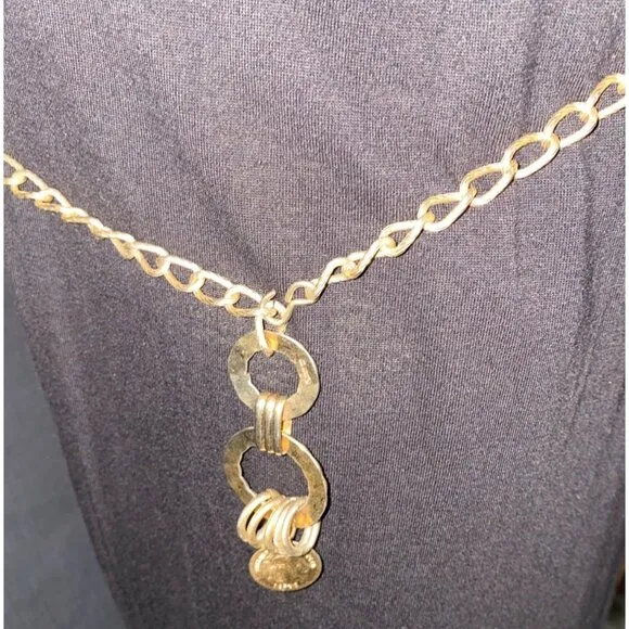 Chain Dangle Belt Vintage Gold Tone Pendant Ring Accents Adjustable Waist Size 38 - Image 1