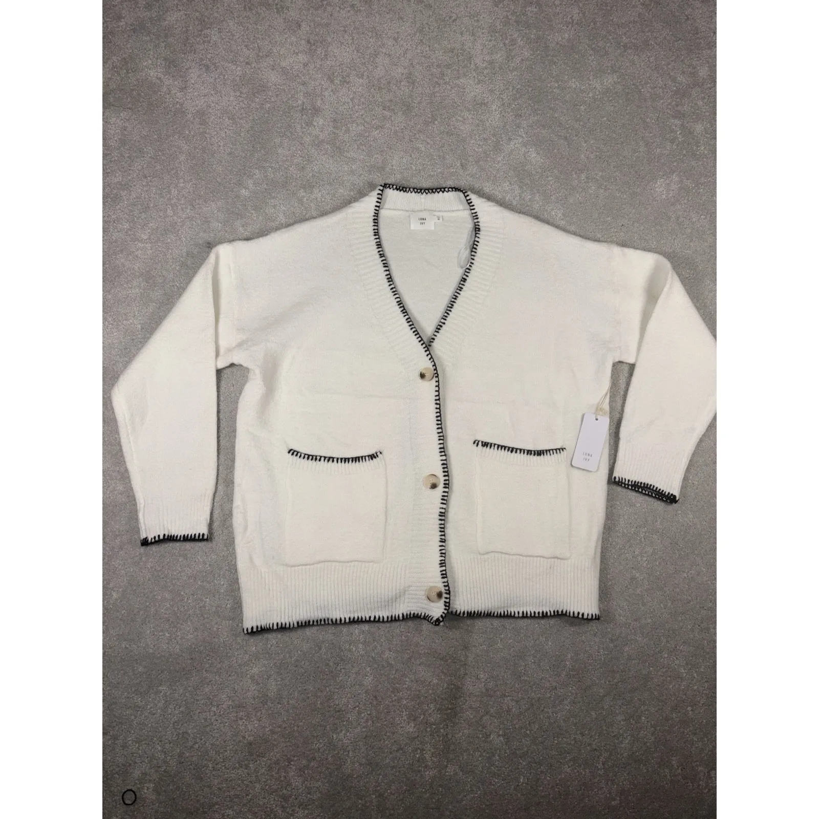 luna ivy Anthropologie sweater cardigan white black stitching m/l NWT - Image 3