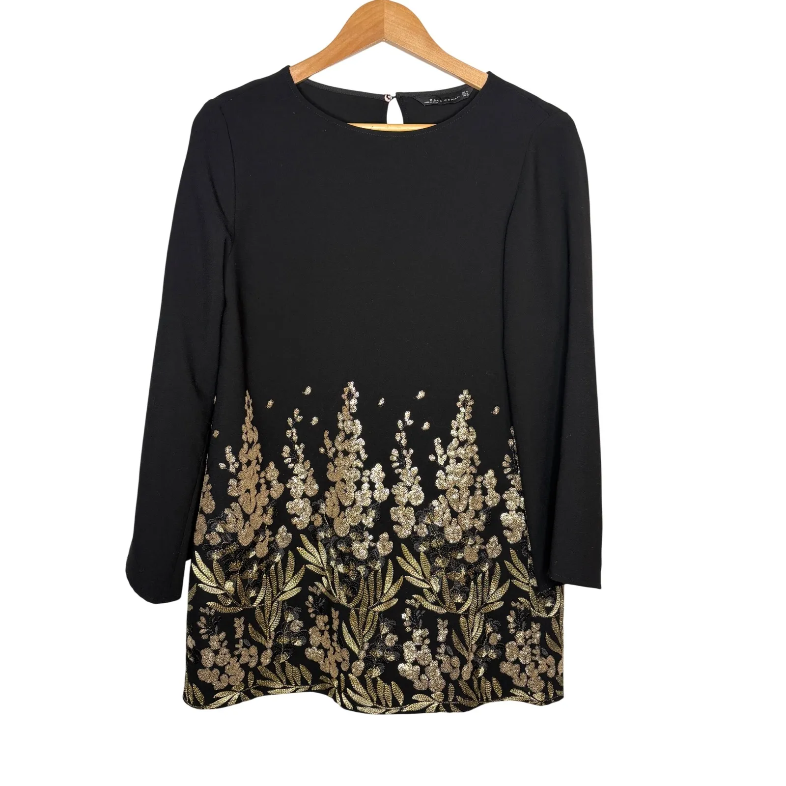 Zara Black Bell Sleeve Shift Dress Gold Floral Sequin Embellished Boho Size Med - Image 3