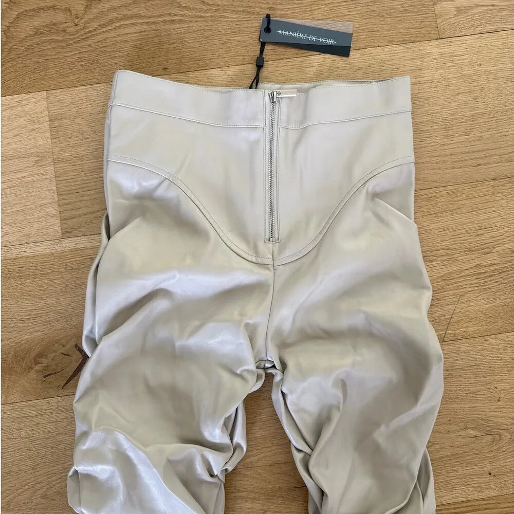 Maniere De Voir - Tacked Faux Leather Flared Trousers in Beige - Image 3