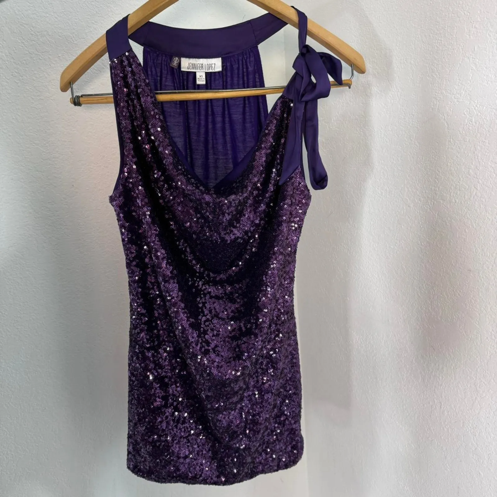 Sequin Going Top Purple Cowl Neck Tie Shoulder Y2K Clubwear Party - Image 5