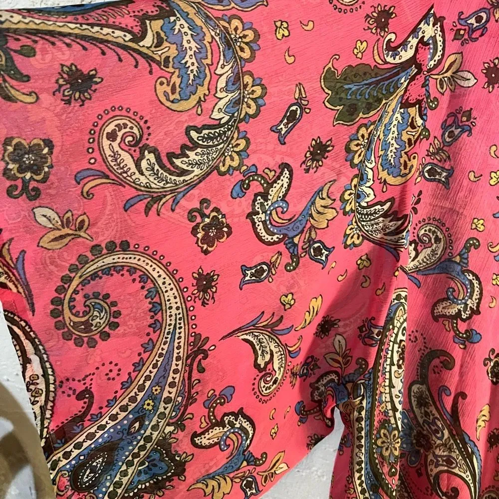 Bohemian style long jacket sheer, pink w/paisley detail golds&blue accents L - Image 4