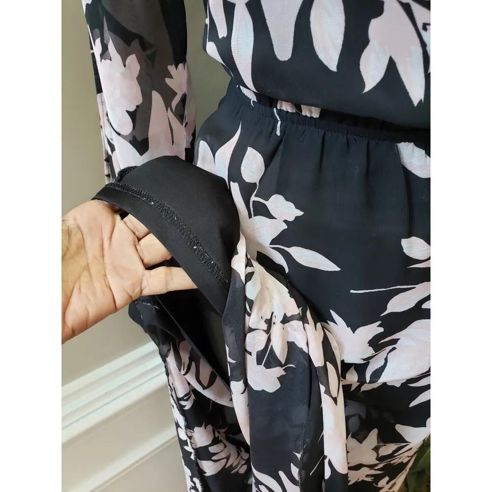 Windsor Long Maxi Dress Women L Black Floral Sheer Surplice Neckline Cinch Waist - Image 15