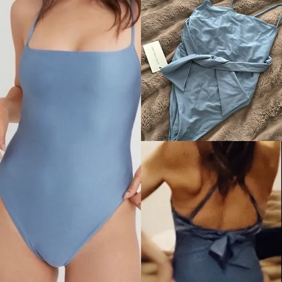 NWT Something Navy Back Bow One Piece in Dusty Blue Size Small - Image 2