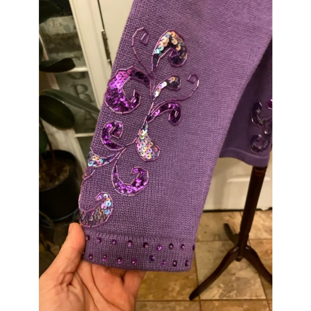 Storybook Vintage Knits purple sequin and beaded zip front sweater size L Size L - Image 9