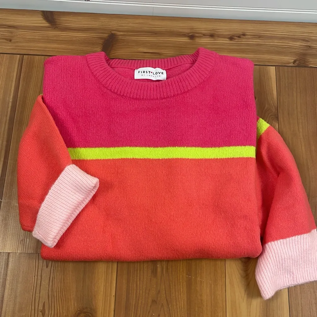 First Love Oversized Cozy Boutique Sweater Pink Stripe Colorblock Plus Size 2X - Image 14
