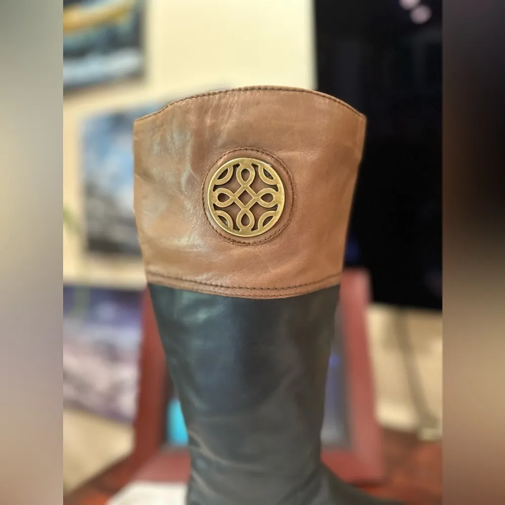 EUC Franco Fortini Leather Riding Boots Roxanne Black Tan Accent logo brass - Image 5