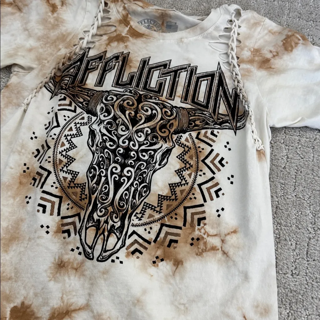 Affliction Tye Dye Slices Tee cow skull braided - Image 2