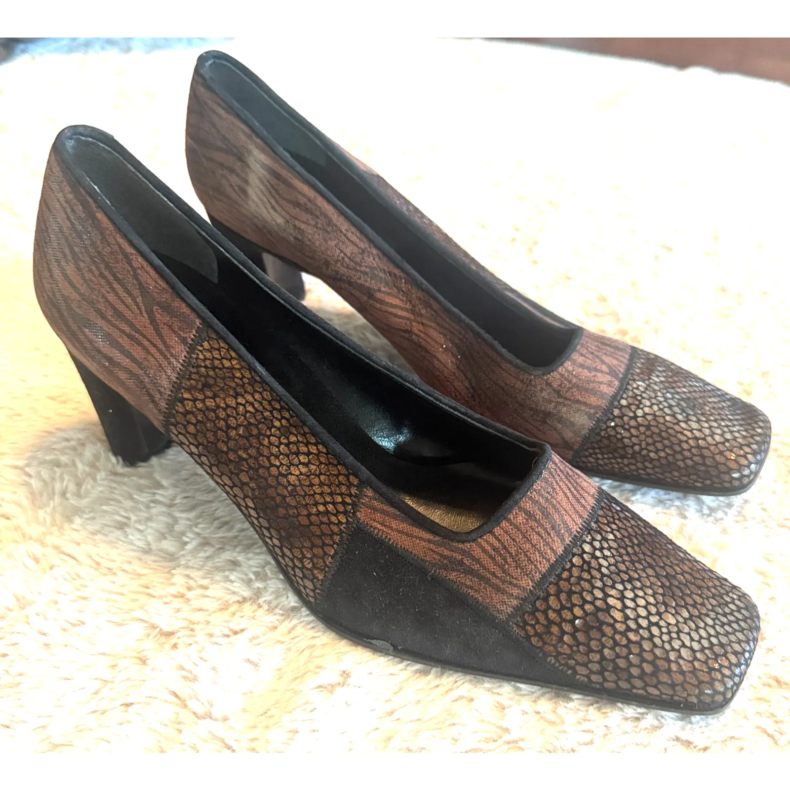 Proxy Women's sz 7 Heels Pumps Made In Spain Brown leather snakeskin square toe - Image 1