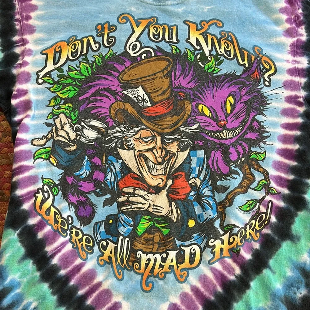 LIQUID BLUE TIE DYE ALICE IN WONDERLAND MAD HATTER TEE - Image 2