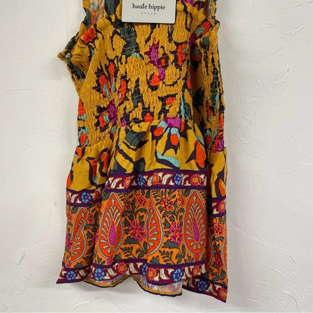 Haute Hippie Mustard Yellow Floral Print Halter Smocked Boho Blouse L Sleeveless - Image 8