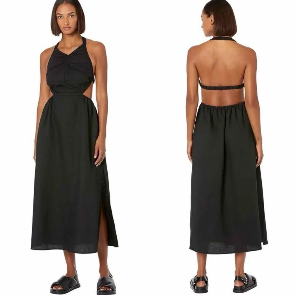 All Saints Ludo Black Cut Out Open Back Halter Linen Blend Midi Dress Size US 8 - Image 3