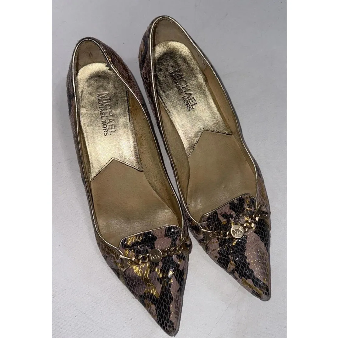 Michael Kors Heels Snake Skin Leather 2" Kitten Heels MK Logo Chain Women's 8M - Image 5