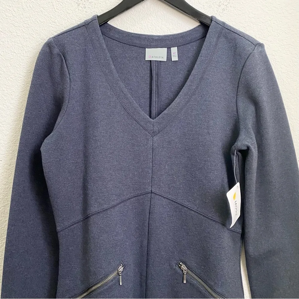 ATHLETA Celebration Dress Heather Gray-Blue Ponte Knit V Neck Dress Size MT - Image 4