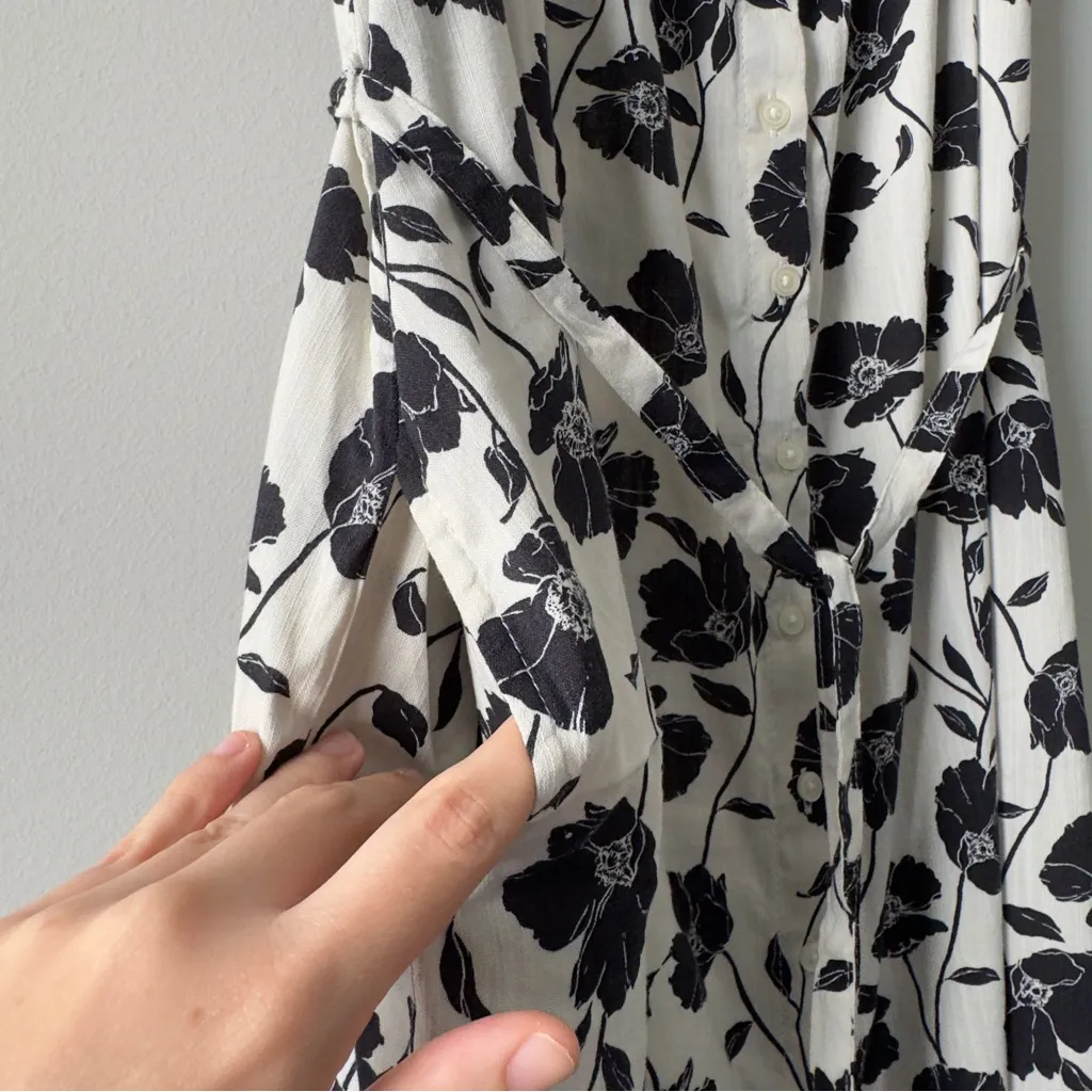 GAP Tie-Waist Scoopneck Midi Dress in White Black Floral Button Down Front M NWT - Image 14