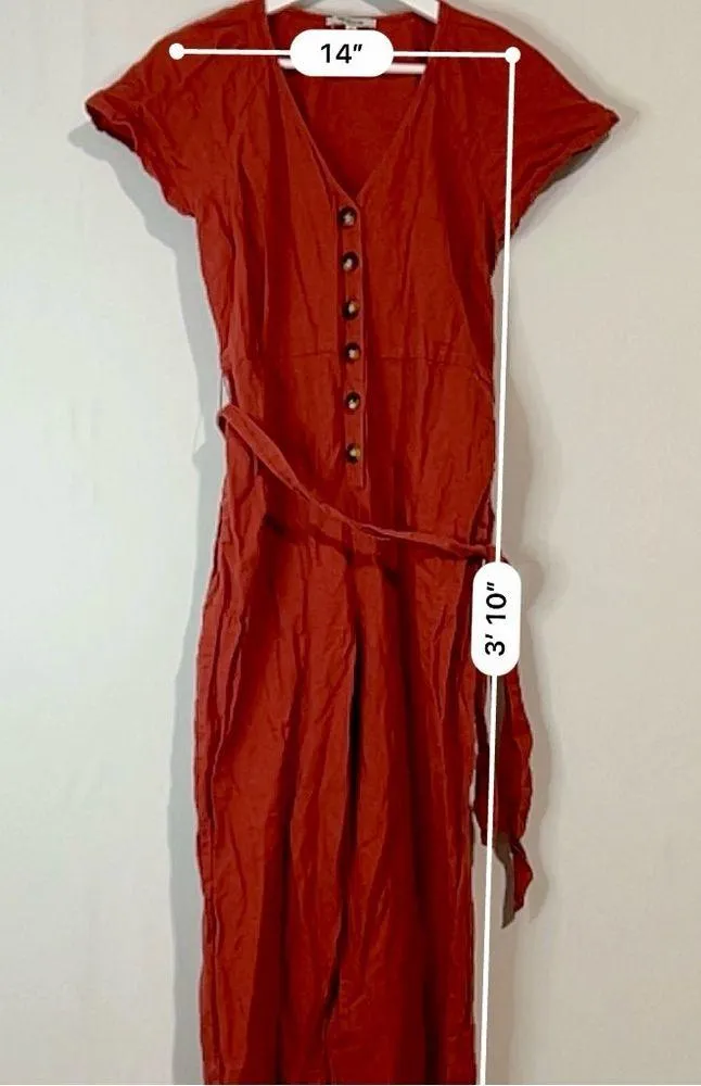 Madewell Women’s Linen Cotton Pleat Sleeve Jumpsuit Red Size 4 EUC - Image 6