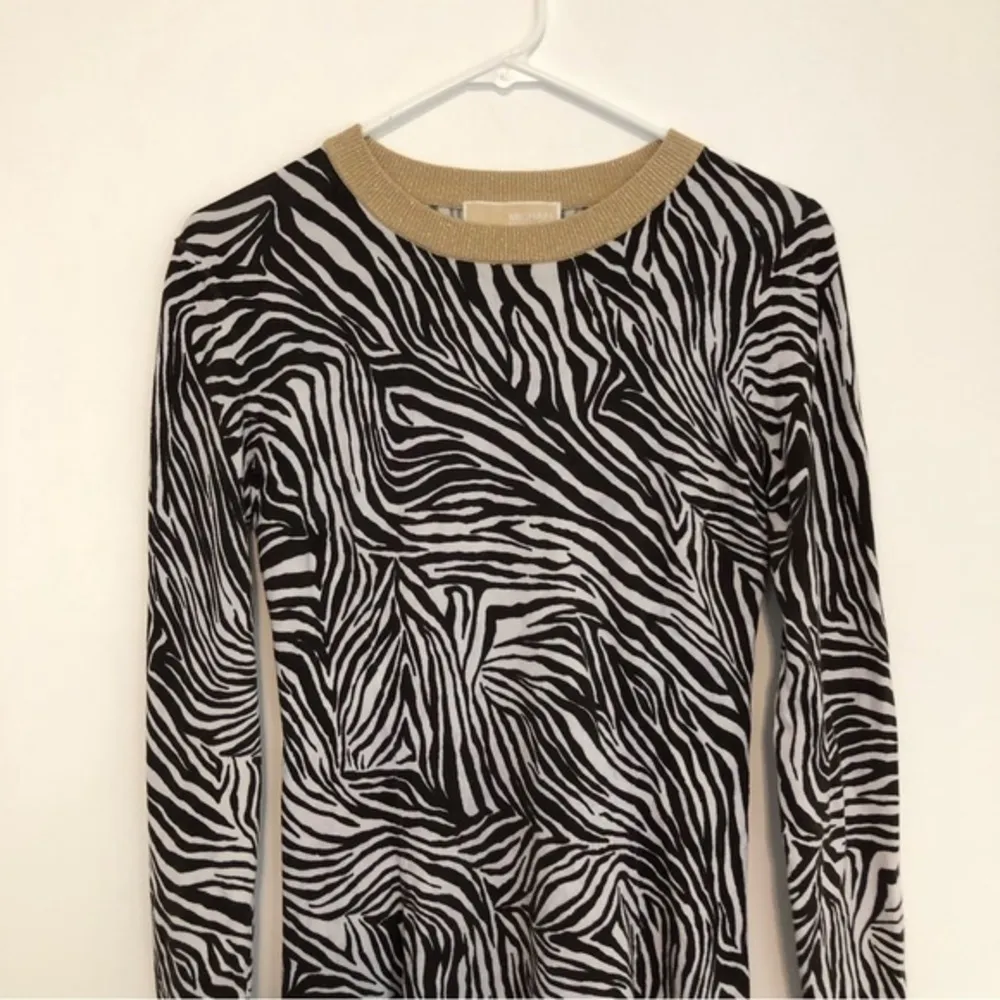 MICHAEL MICHAEL KORS MK Animal Print Metallic Sweater Dress Brown White Zebra M Size M - Image 5