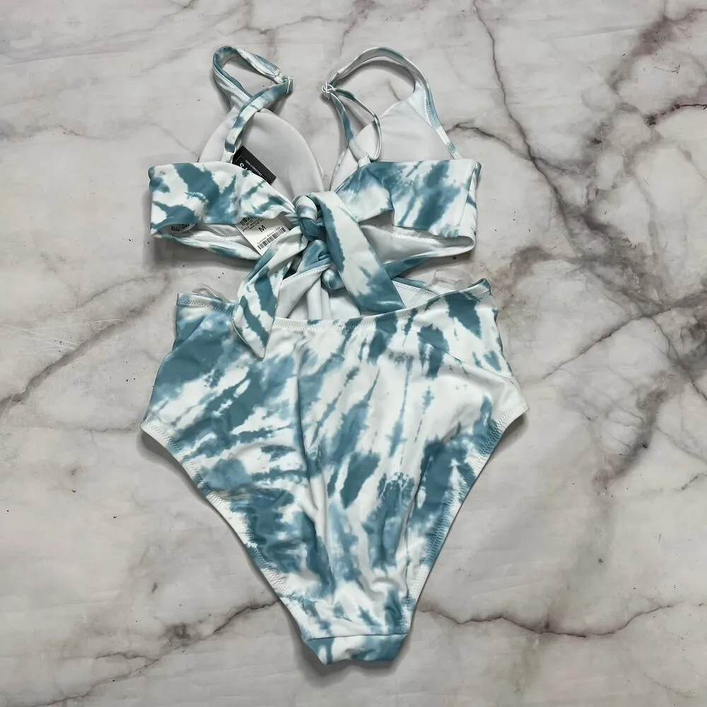 Bar III Spiraling Twist Front Monokini One Piece Size M Blue White Tie Dye New - Image 5
