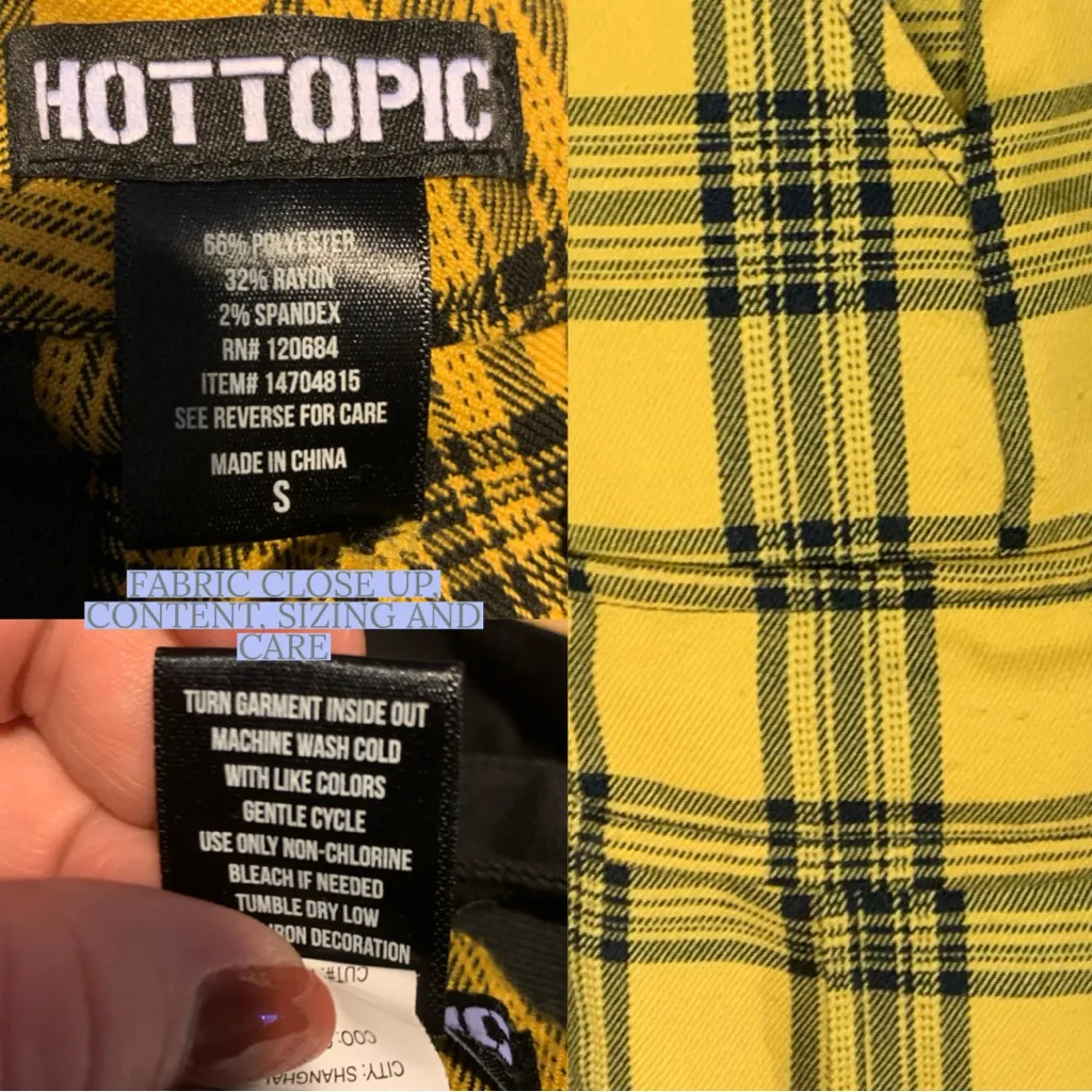 HOT TOPIC YELLOW & BLACK PLAID PLEATED FRONT CARGO SUSPENDER SHORTS (S) - Image 10