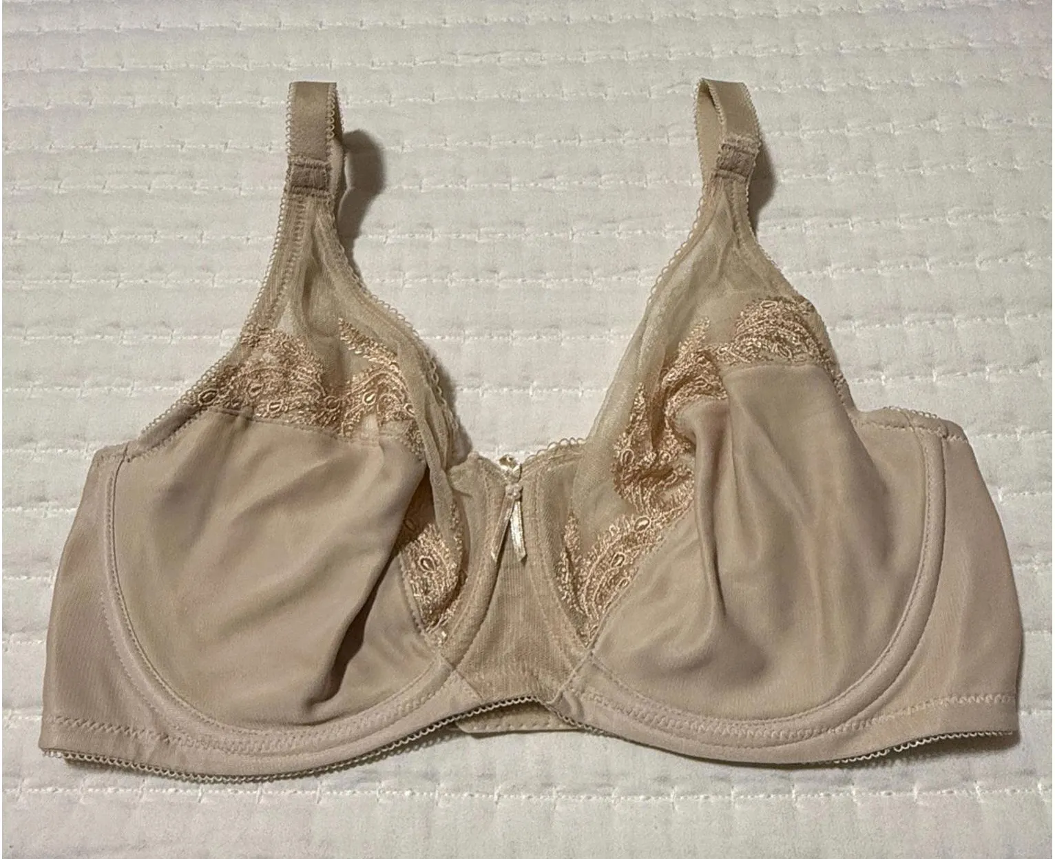 Wacoal 32DD Feather Embroidery Full Figure Sheer Trim Underwire Bra 85121 Sand - Image 1