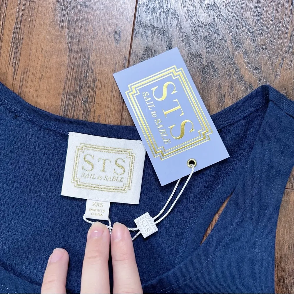 STS • Racerback Pom Pom Maxi Dress navy blue cotton jersey knit orange trim - Image 4