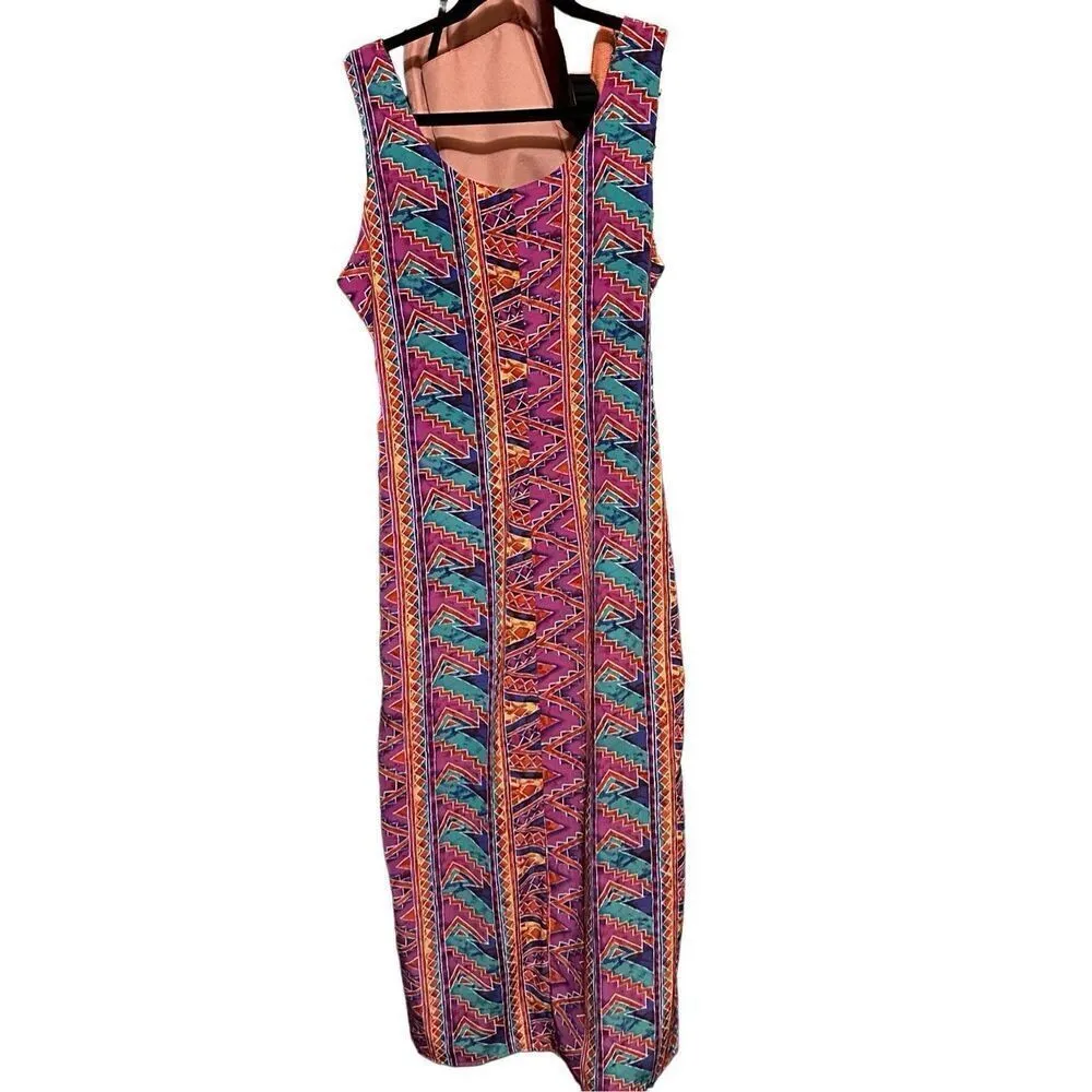 Vintage 90s La Belle Aztec Print Midi Dress Purple Magenta Boho Sz M Boho Indie Size M - Image 4