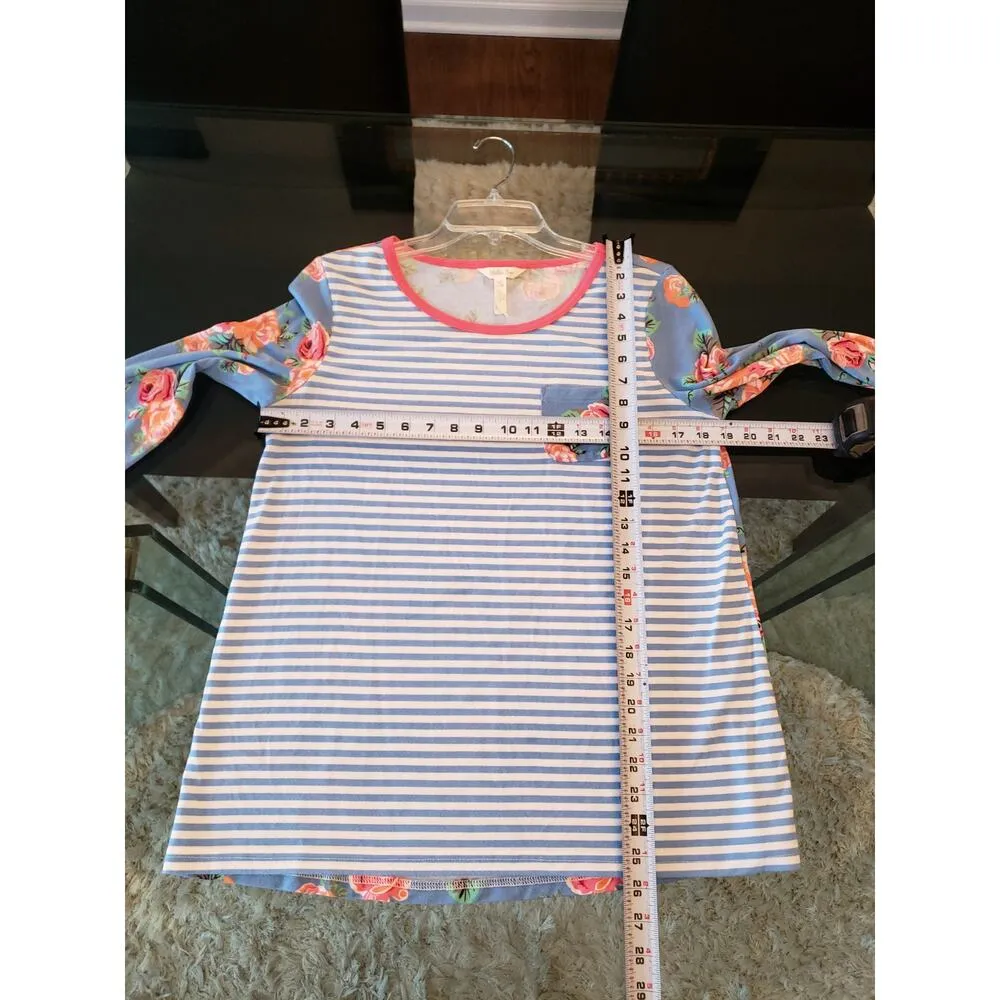 Matilda Jane Top Women M Blue Striped Floral Long Sleeve Cotton Casual Tunic Tee - Image 14