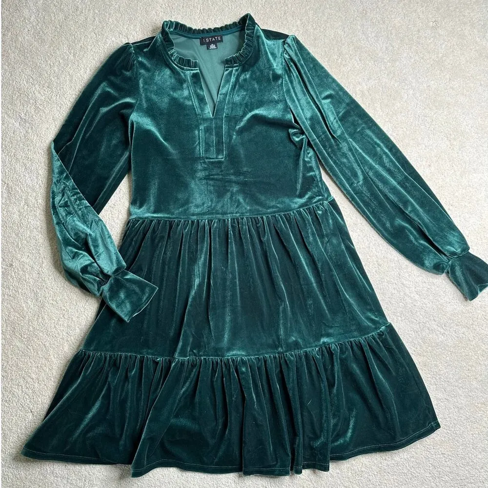 1.State: Green Velvet Tiered Dress - Image 3