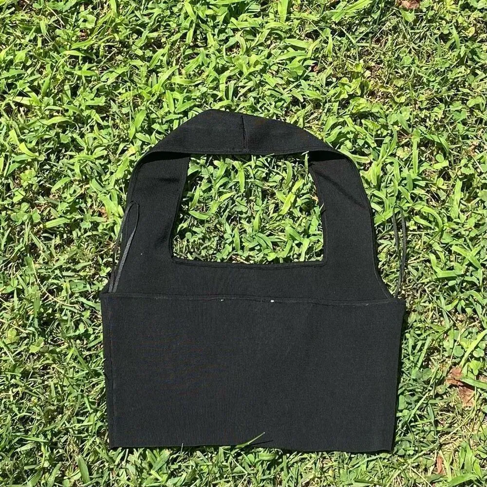 Zara Black Ribbed Halter Crop Top | M - Image 3