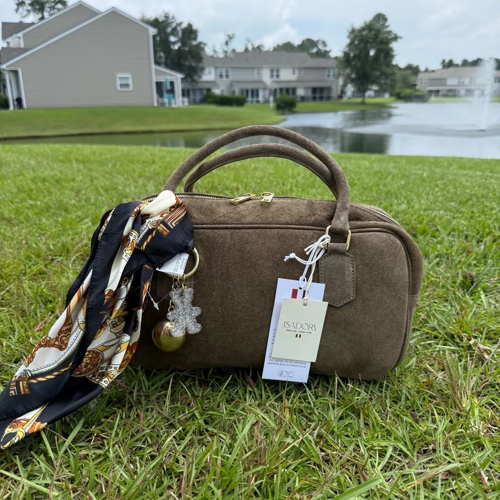 Isadora Elegant Brown taupe Women's suede Handbag made in Italy - Image 2