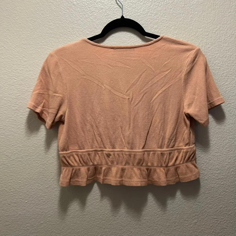 Lulus Popular Pick Peach Tie-Front Short Sleeve Crop Top Coral Ruffles Sz M - Image 8