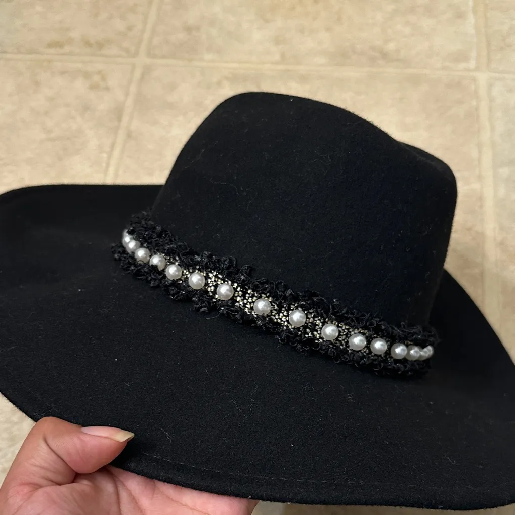 Adrienne Vittadini Black Hat with Pearl Accents - Image 2