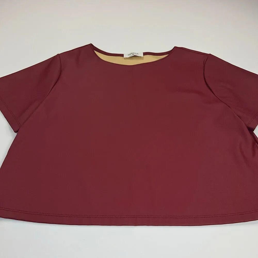 Zenana Vegan Faux Leather Short Sleeve Crop Shirt Cranberry Burgundy Size M - Image 11