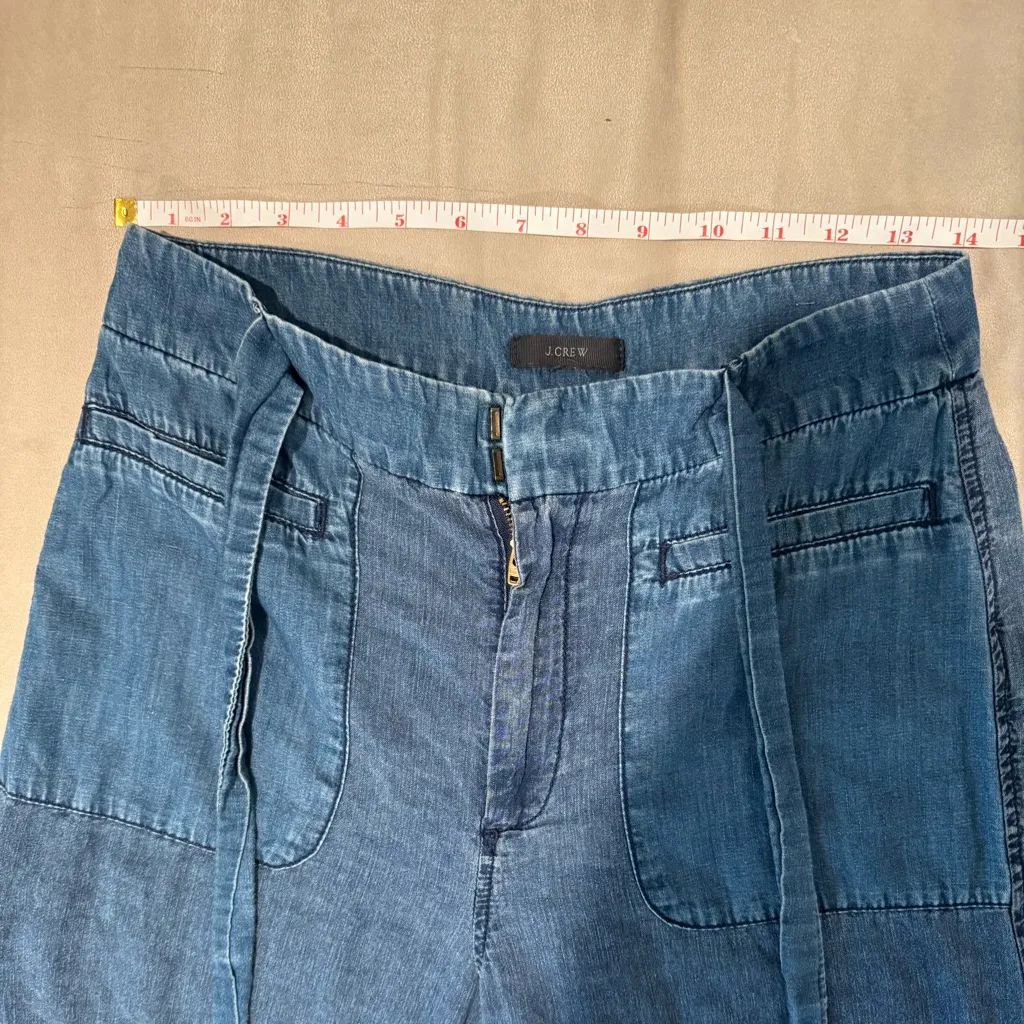 J. Crew Light Wide Leg Cropped‎ Chambray Trousers with Tie Belt Size SP - Image 8