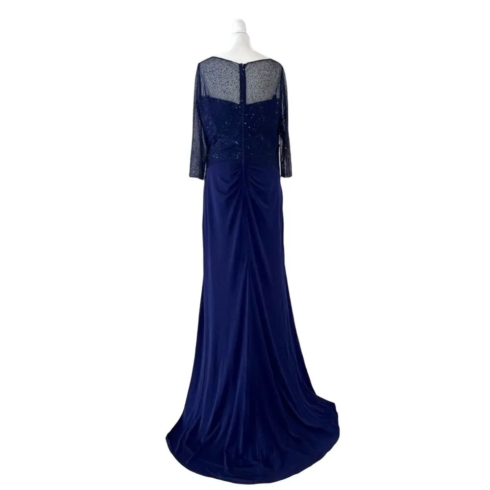 La Femme Beaded Lace Sleeve Pleated Ruched navy blue full length gown size 16 - Image 5