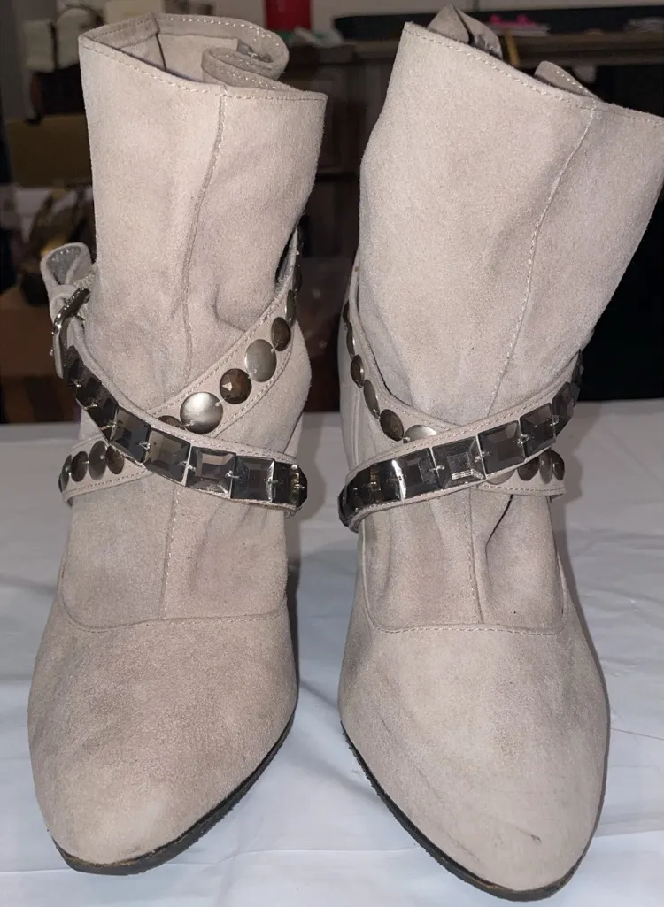 Steven By Steve Madden Genuine Leather Suede Gray Heeled Boots w Studded Straps - Image 1