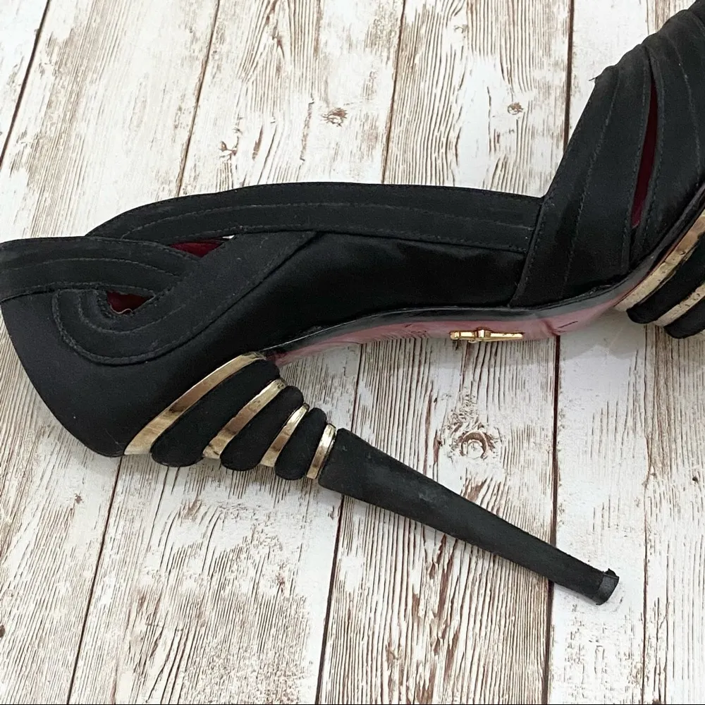 CESARE PACIOTTI Italy Black Satin Red Soles Platform Heels Stiletto Pumps 37.5 Size 6.5 - Image 9