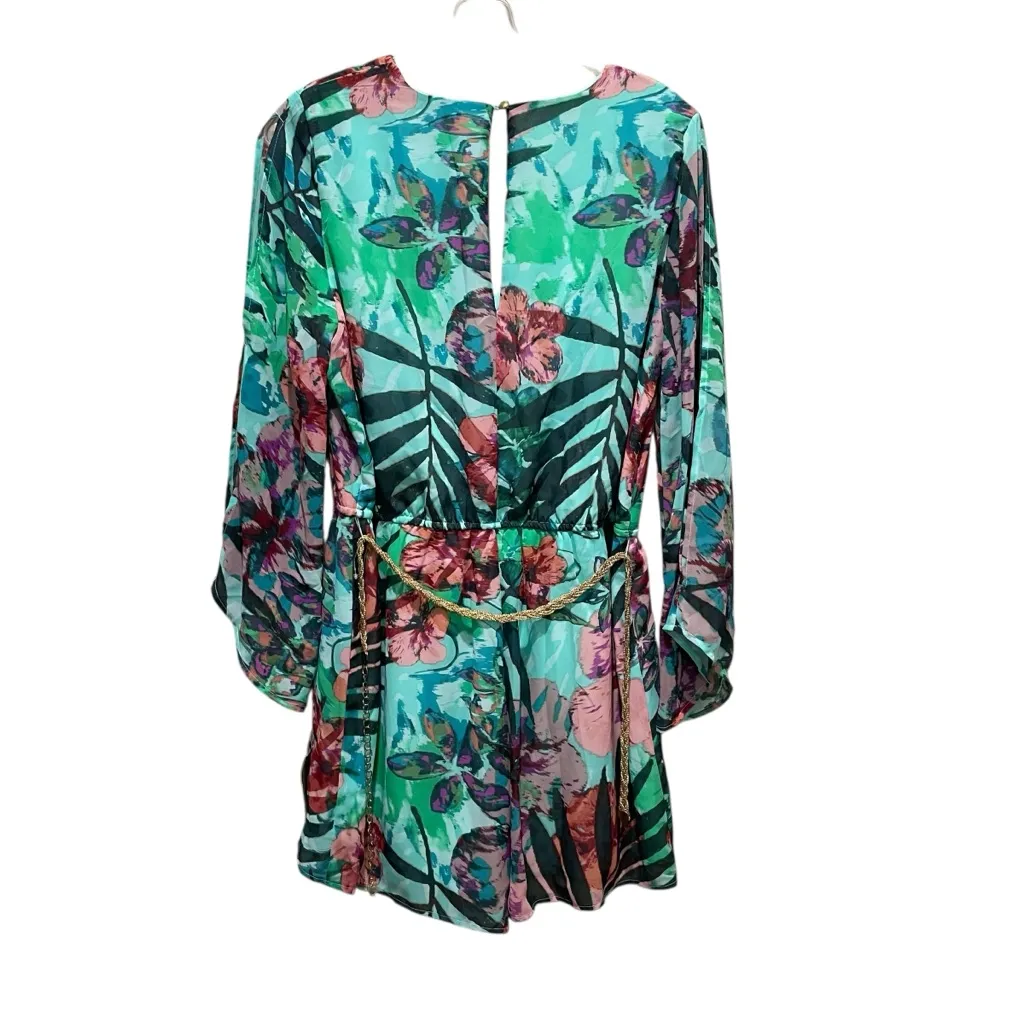 Thalia Sodi Tropical Floral Sheer Sleeve Belted Romper Aqua Bliss Womens Medium - Image 7