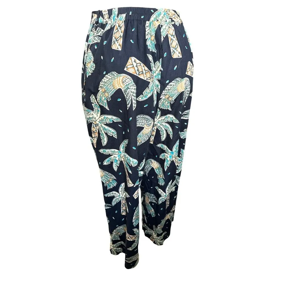 CCC Vintage Boho Black Wide Leg Pants With Leaf Print Elastic Waist Size Medium Green - Image 3