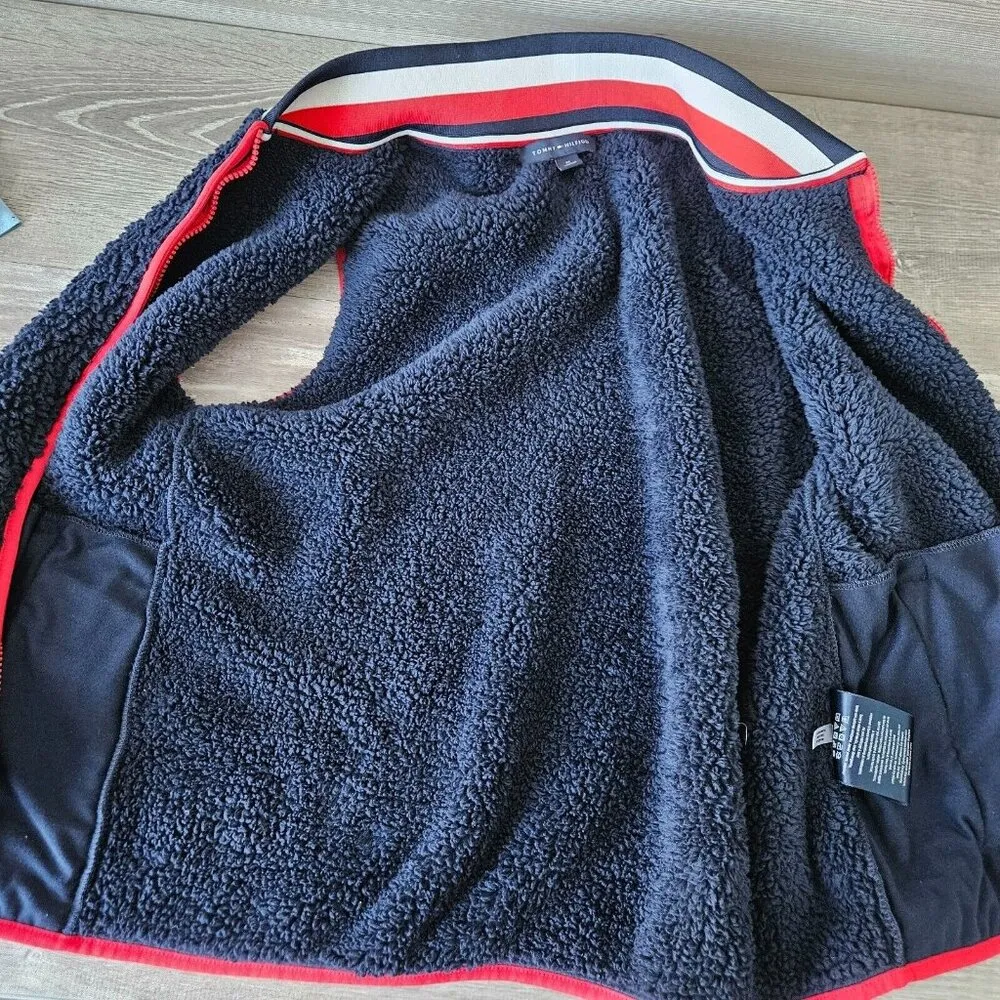 Tommy Hilfiger Jacket Vest Womens Medium Faux Fur Navy Blue Red White Full Zip - Image 7