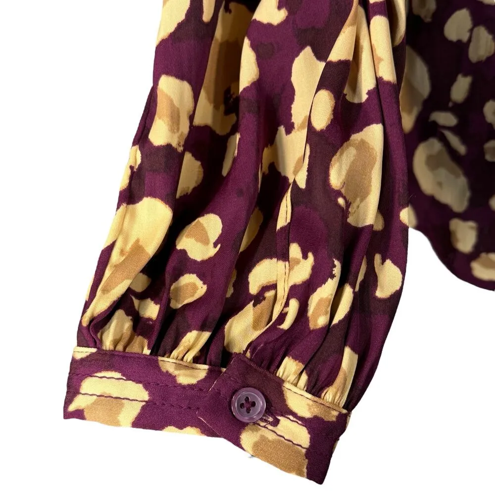 Nine West Medium Top Leopard Print Tie Keyhole V-Neck Long Balloon Sleeve Plum - Image 3