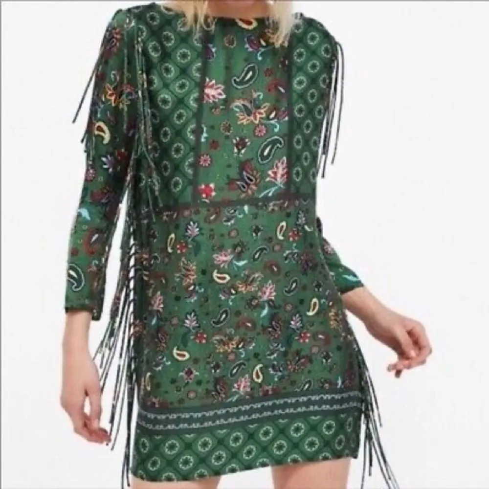 Zara Green Bohemian Fringe Paisley Print Mini Dress Women’s Size Small S NWT - Image 4