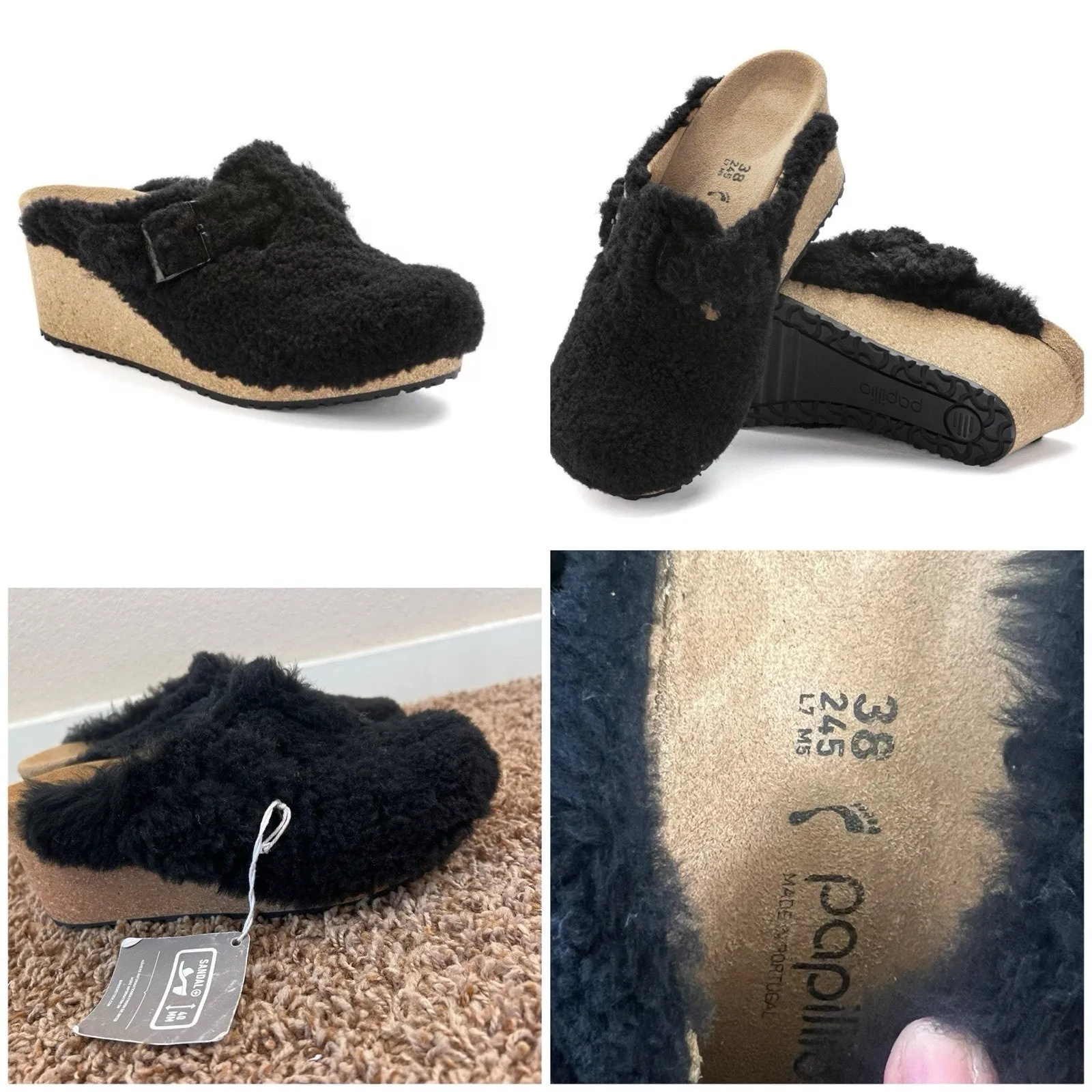Birkenstock Papillion Black Shearling Cork Wedge Clog Mule EU 38 US 7 Wm’s NWT - Image 6
